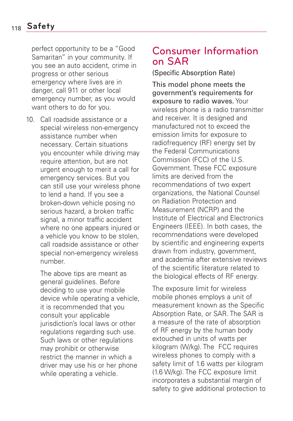 Consumer information on sar, Safety | LG AS855 User Manual | Page 120 / 307