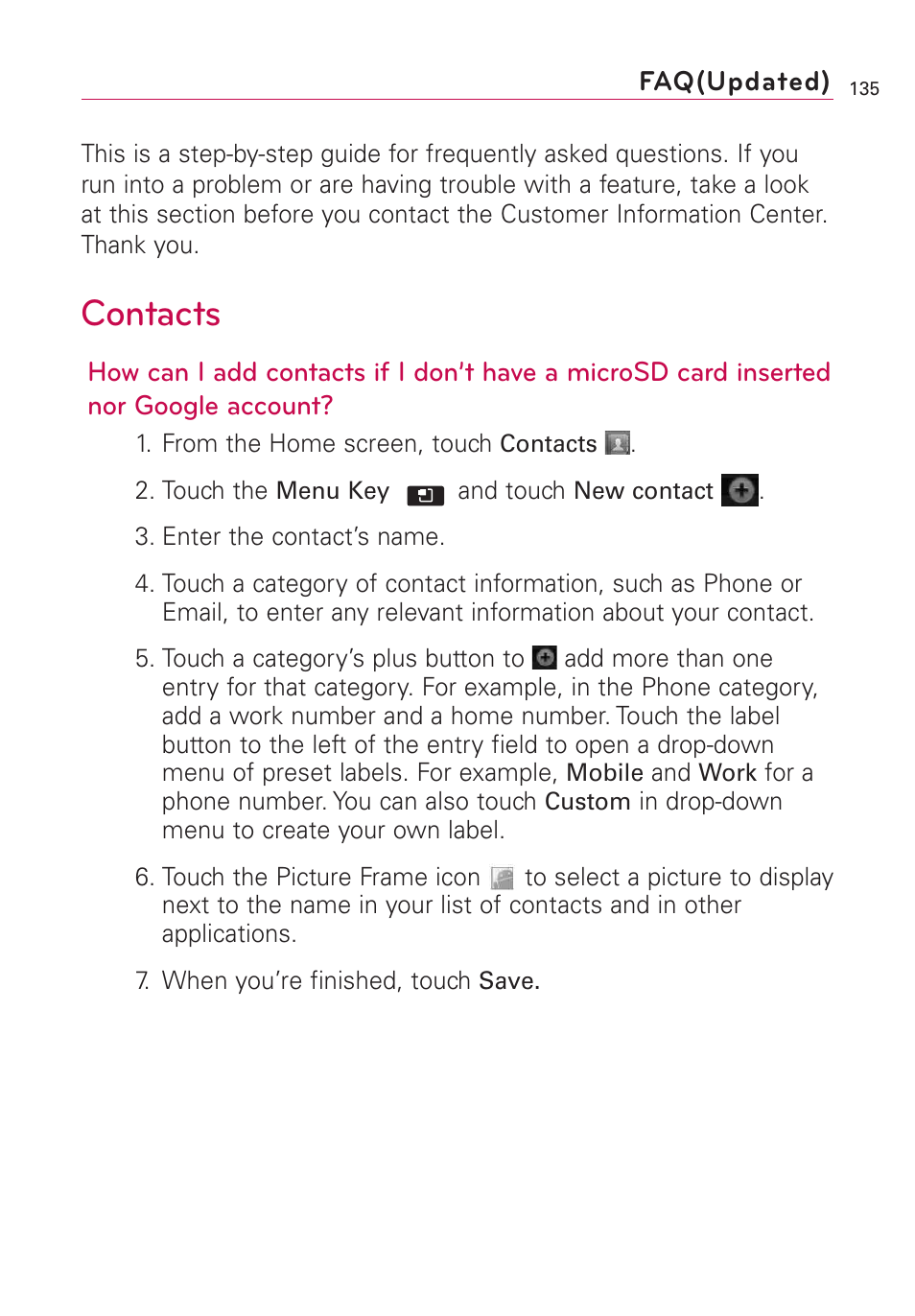 Faq(updated), Contacts | LG AS855 User Manual | Page 137 / 307