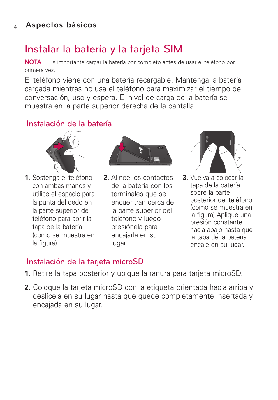 Instalar la batería y la tarjeta sim, Aspectos básicos | LG AS855 User Manual | Page 154 / 307