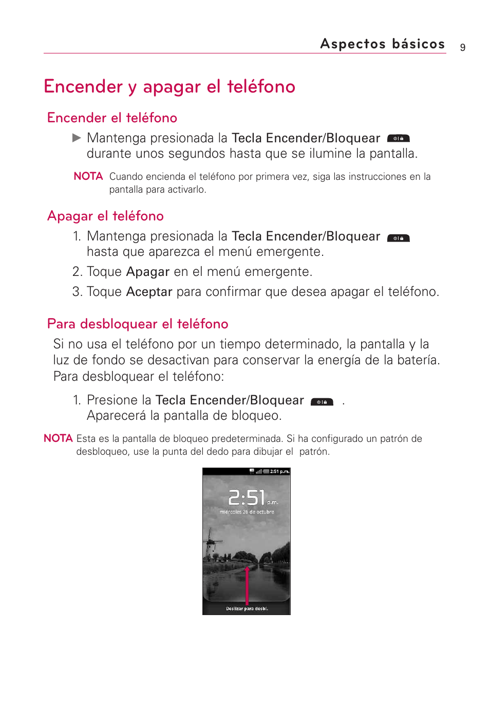 Encender y apagar el teléfono, Aspectos básicos, Encender el teléfono | Apagar el teléfono, Para desbloquear el teléfono | LG AS855 User Manual | Page 159 / 307