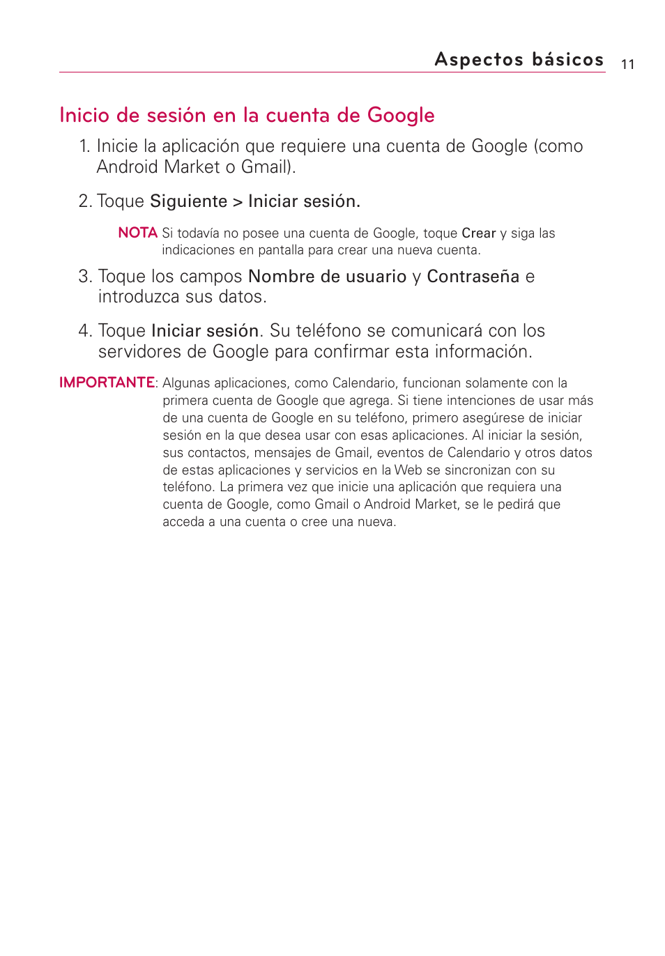 Inicio de sesión en la cuenta de google, Aspectos básicos | LG AS855 User Manual | Page 161 / 307