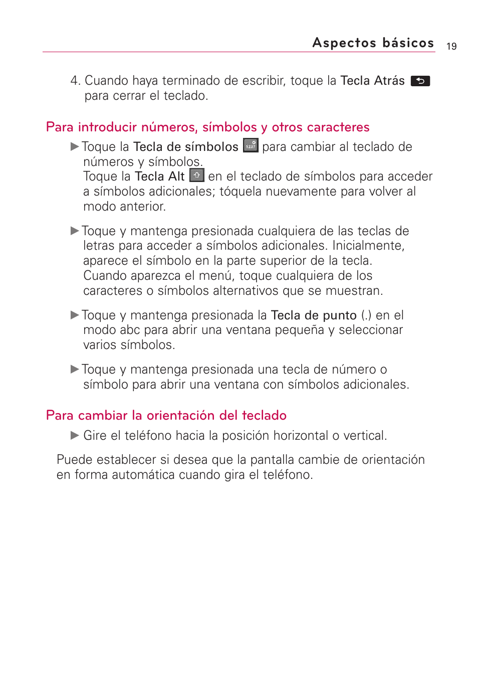 Aspectos básicos, Para cambiar la orientación del teclado | LG AS855 User Manual | Page 169 / 307