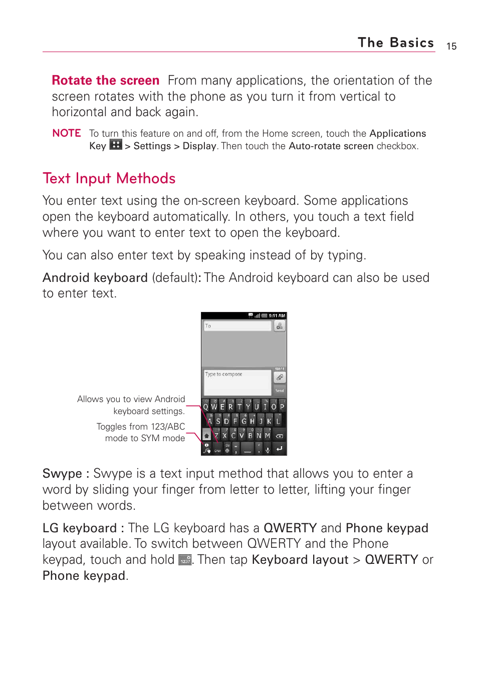 Text input methods, The basics | LG AS855 User Manual | Page 17 / 307