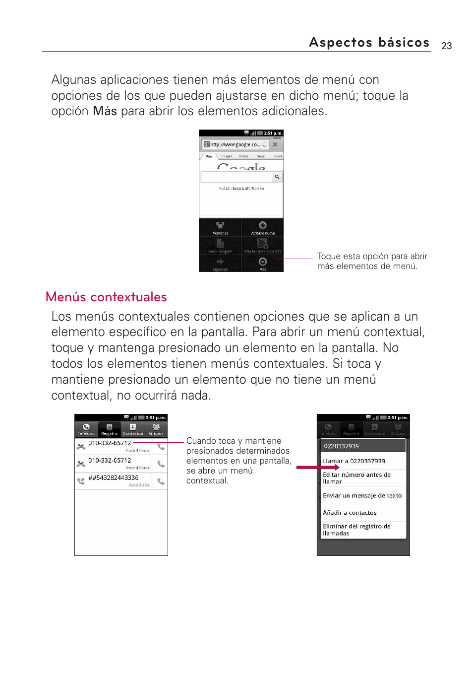 Aspectos básicos, Menús contextuales | LG AS855 User Manual | Page 173 / 307