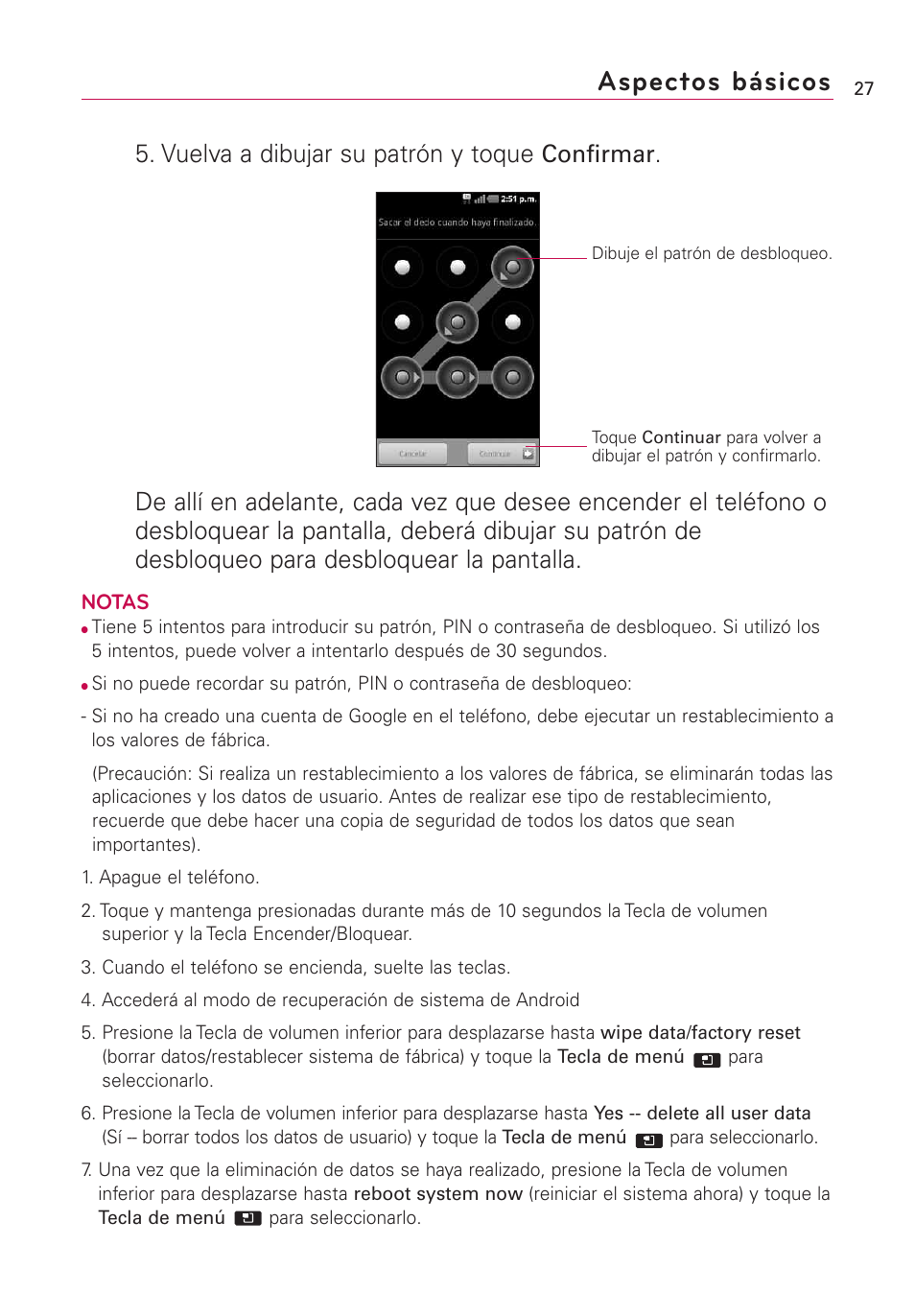 Aspectos básicos, Vuelva a dibujar su patrón y toque, Confirmar | LG AS855 User Manual | Page 177 / 307