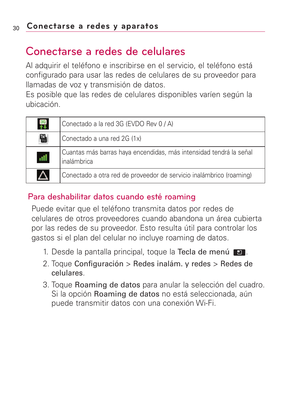 Conectarse a redes y aparatos, Conectarse a redes de celulares | LG AS855 User Manual | Page 180 / 307