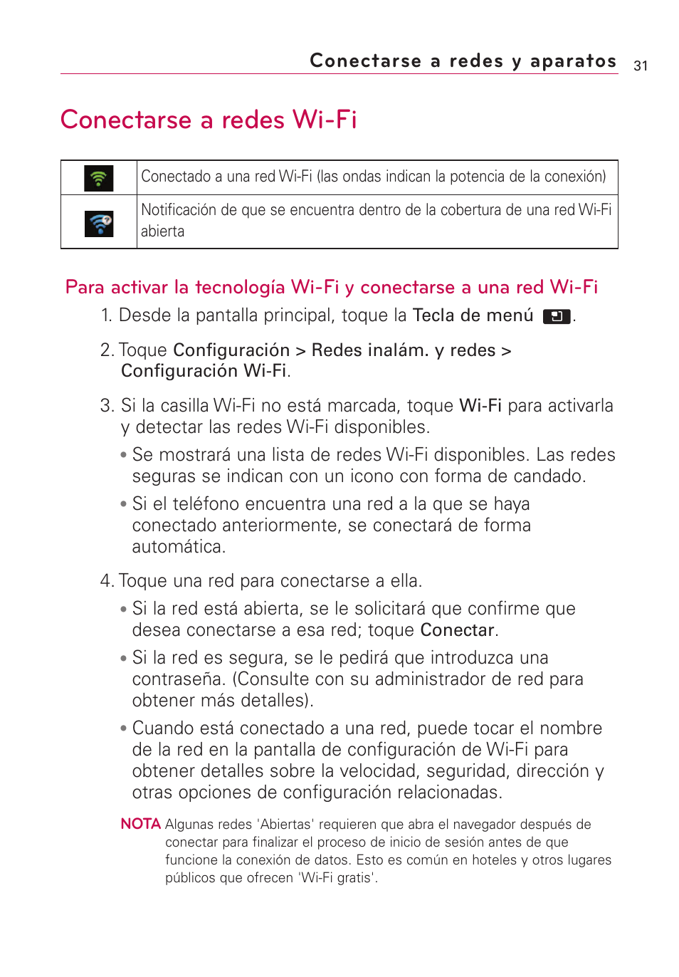 Conectarse a redes wi-fi, Conectarse a redes y aparatos | LG AS855 User Manual | Page 181 / 307