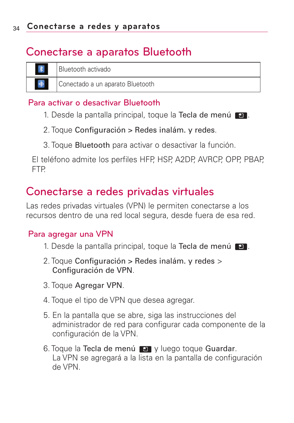 Conectarse a aparatos bluetooth, Conectarse a redes privadas virtuales | LG AS855 User Manual | Page 184 / 307