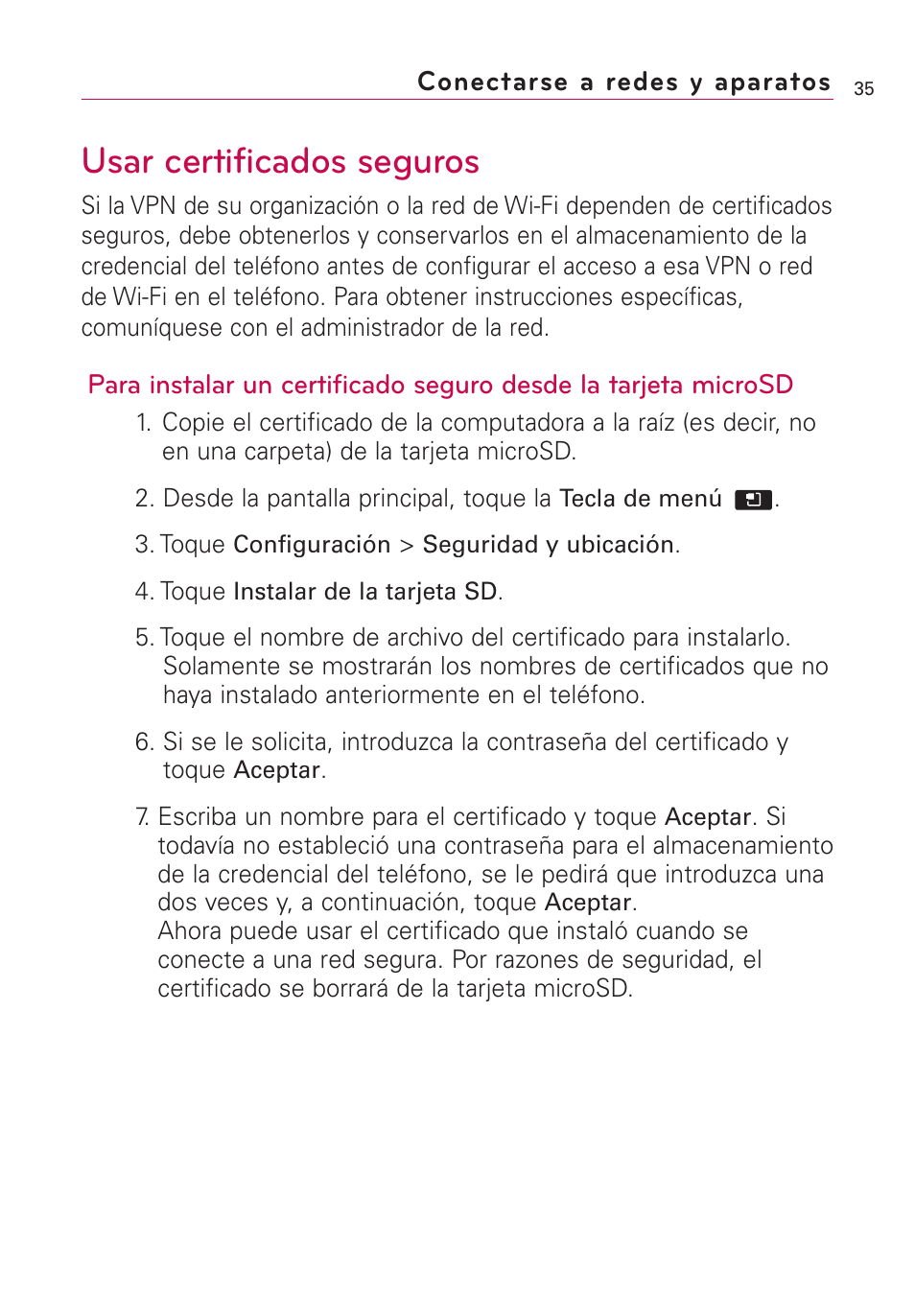 Usar certificados seguros | LG AS855 User Manual | Page 185 / 307