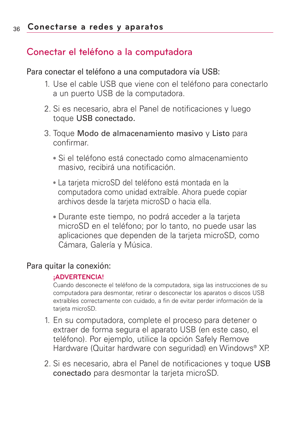 Conectar el teléfono a la computadora, Conectarse a redes y aparatos | LG AS855 User Manual | Page 186 / 307