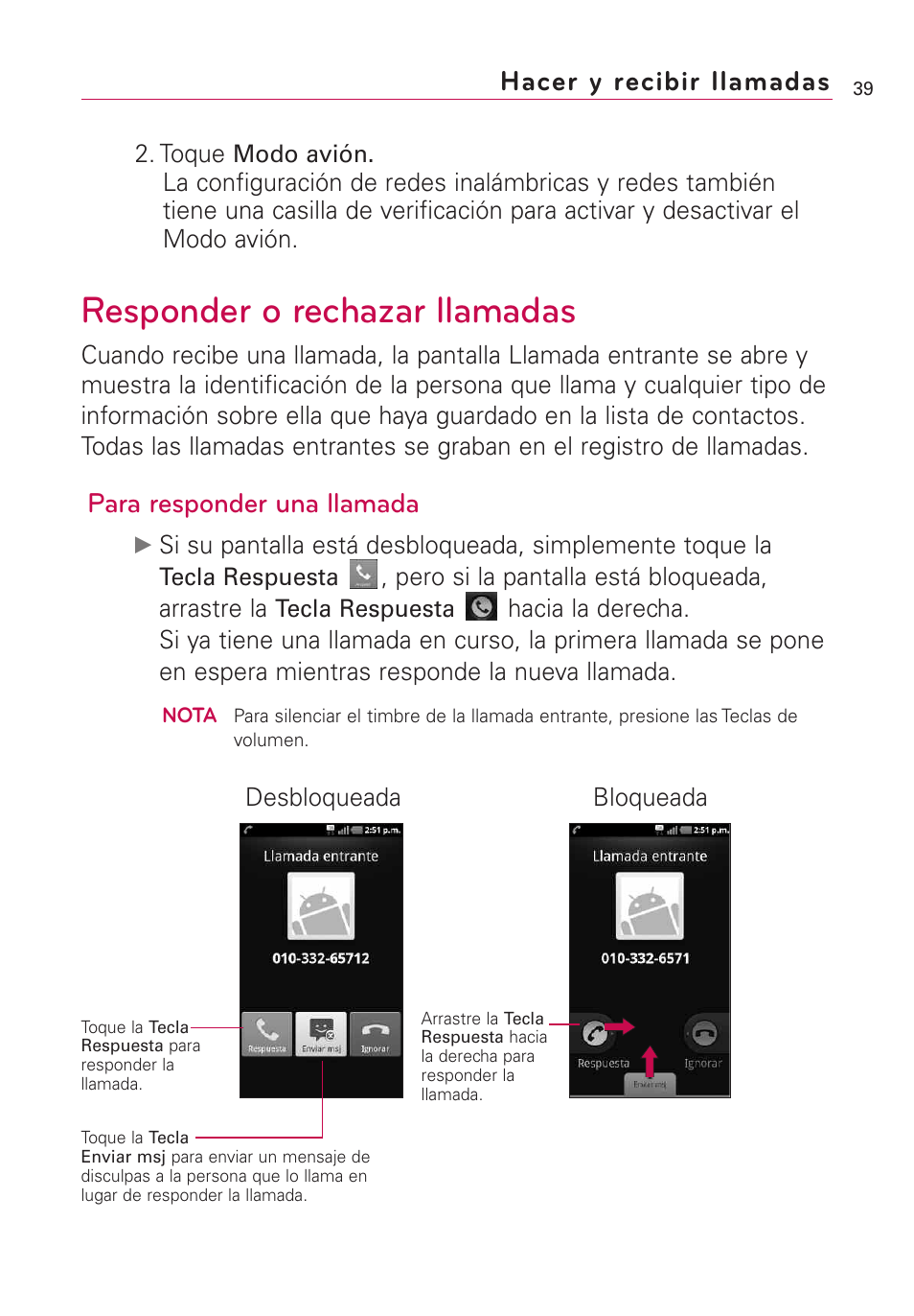 Responder o rechazar llamadas, Hacer y recibir llamadas, Para responder una llamada | LG AS855 User Manual | Page 189 / 307