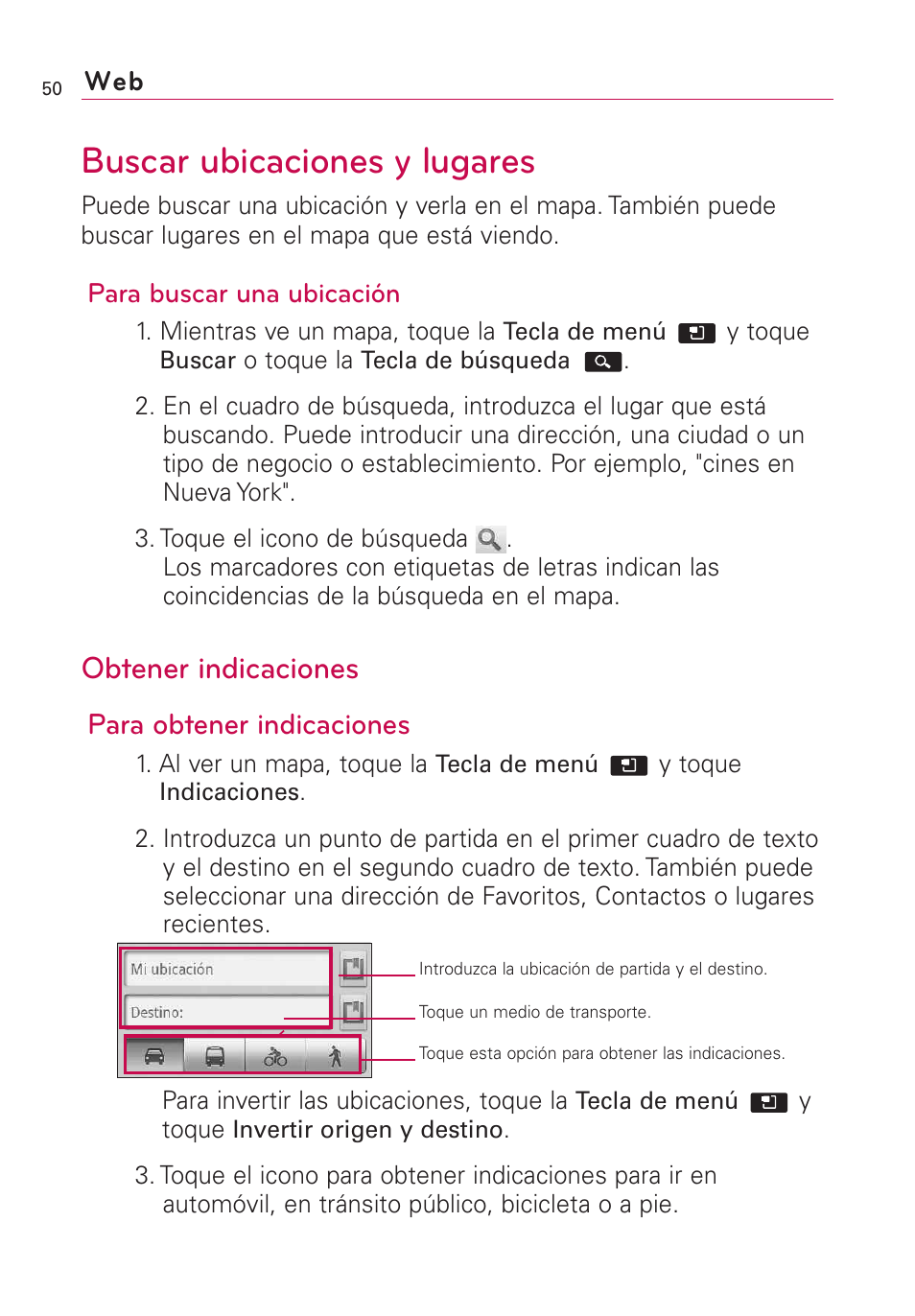 Buscar ubicaciones y lugares, Obtener indicaciones, Para obtener indicaciones | LG AS855 User Manual | Page 200 / 307