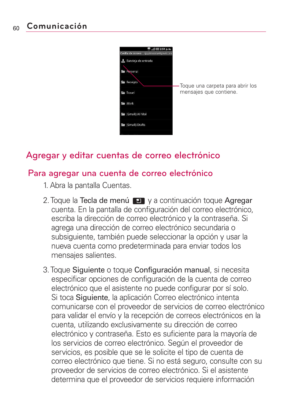Agregar y editar cuentas de correo electrónico, Para agregar una cuenta de correo electrónico | LG AS855 User Manual | Page 210 / 307