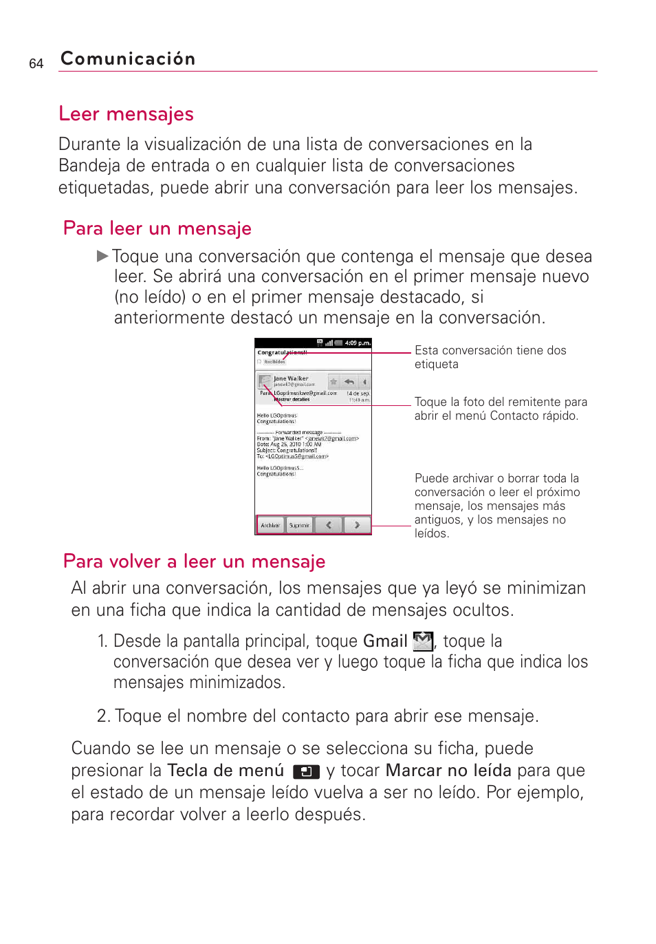 Leer mensajes, Para leer un mensaje, Para volver a leer un mensaje | Comunicación | LG AS855 User Manual | Page 214 / 307