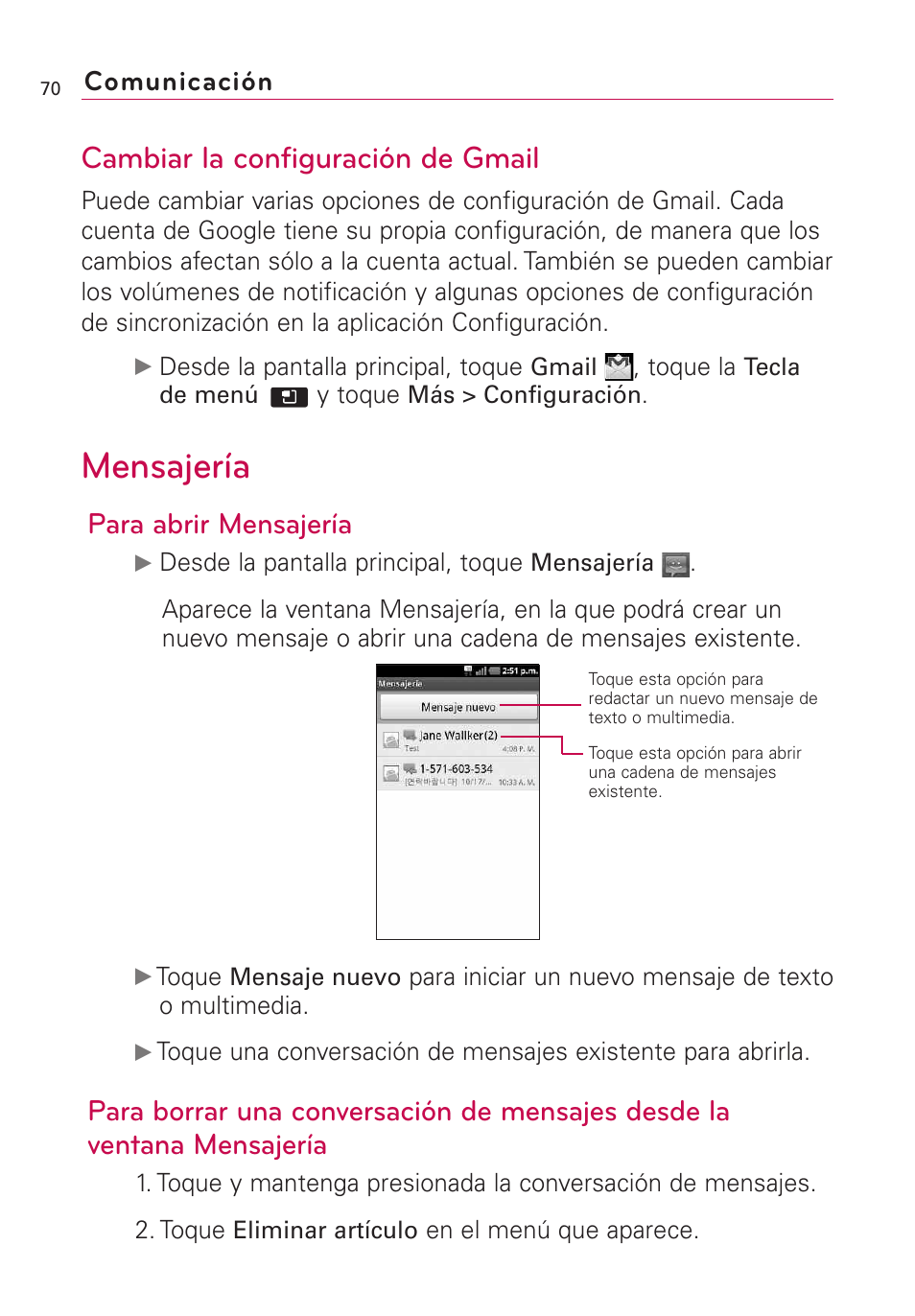 Mensajería, Cambiar la configuración de gmail, Para abrir mensajería | Comunicación | LG AS855 User Manual | Page 220 / 307