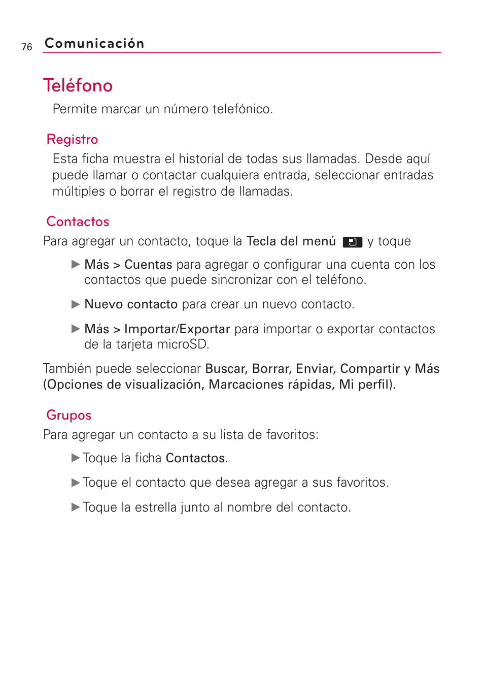 Teléfono, Registro, Contactos | Grupos, Comunicación | LG AS855 User Manual | Page 226 / 307