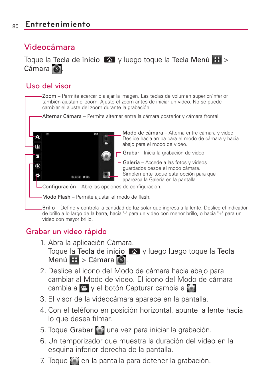 Videocámara, Entretenimiento, Uso del visor grabar un video rápido | LG AS855 User Manual | Page 230 / 307