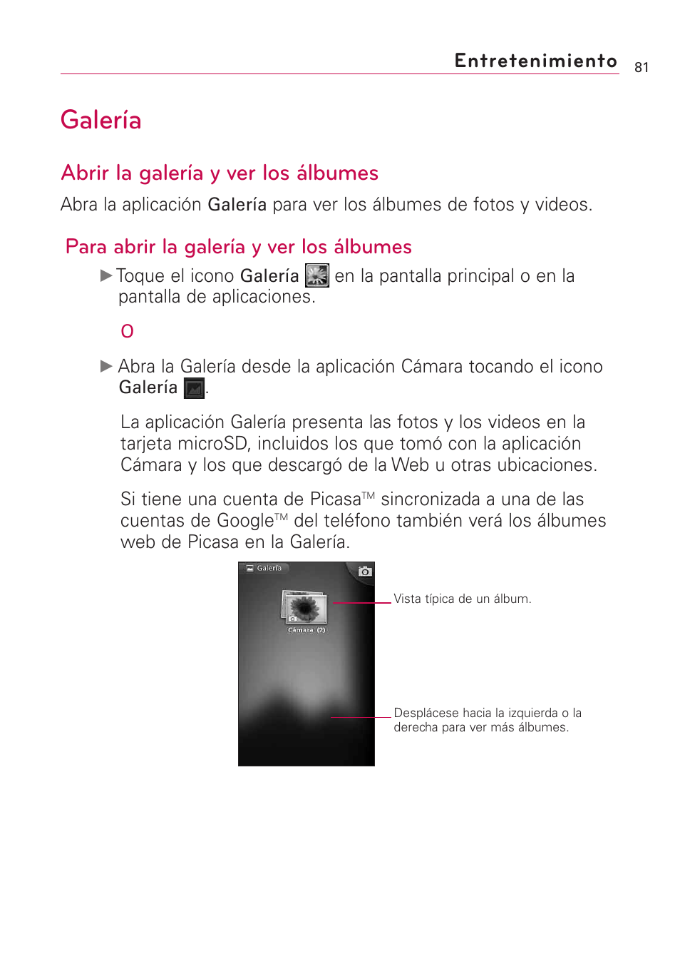 Galería, Abrir la galería y ver los álbumes, Para abrir la galería y ver los álbumes | Entretenimiento | LG AS855 User Manual | Page 231 / 307