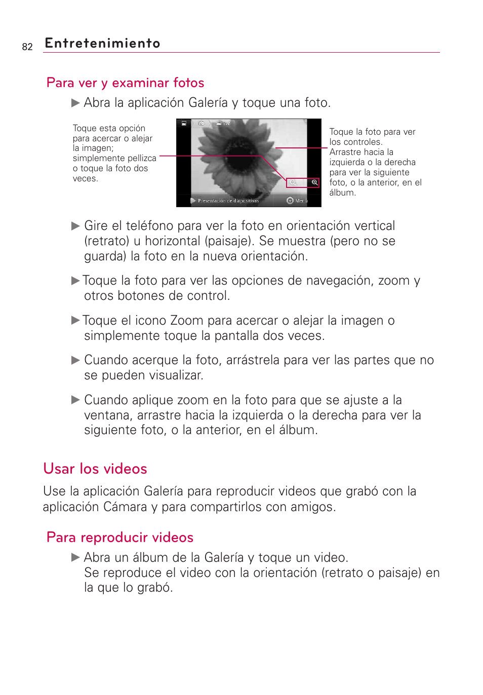 Usar los videos, Para reproducir videos, Entretenimiento para ver y examinar fotos | LG AS855 User Manual | Page 232 / 307
