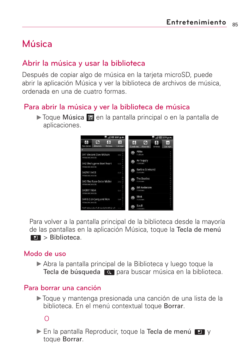 Música, Abrir la música y usar la biblioteca, Para abrir la música y ver la biblioteca de música | LG AS855 User Manual | Page 235 / 307