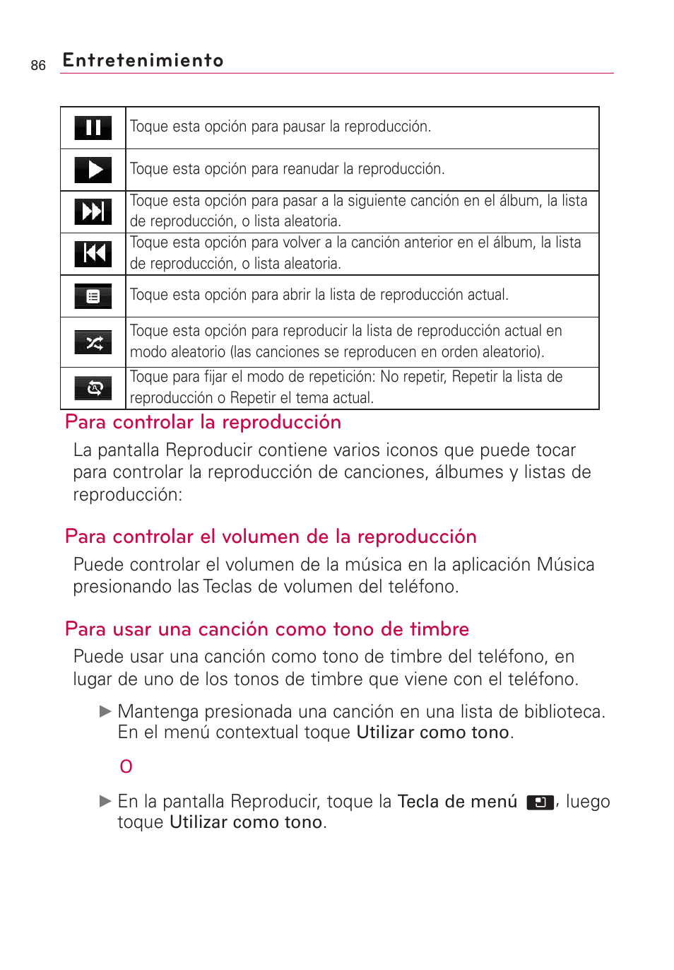 Para controlar la reproducción, Para controlar el volumen de la reproducción, Para usar una canción como tono de timbre | Entretenimiento | LG AS855 User Manual | Page 236 / 307