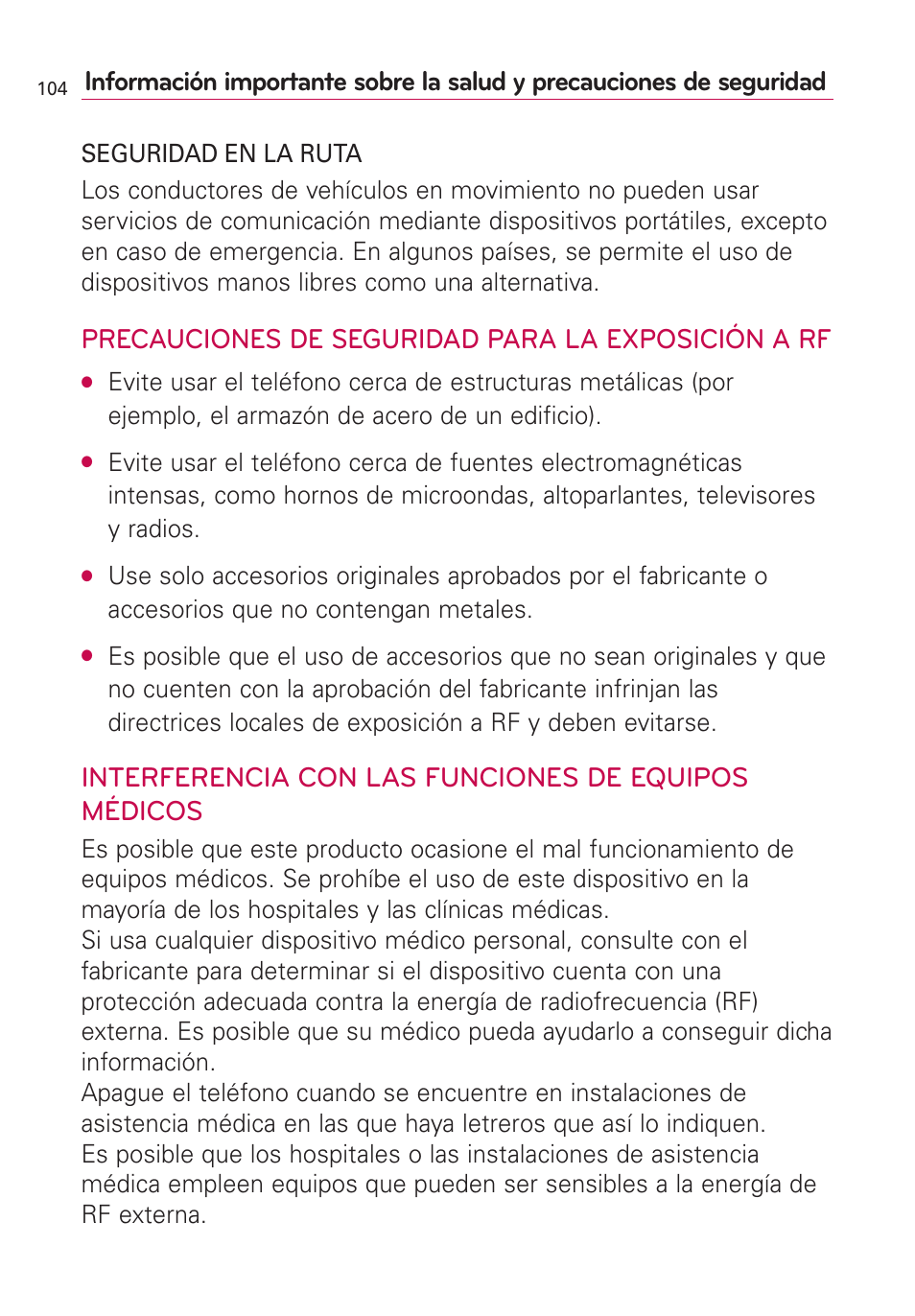 Precauciones de seguridad para la exposición a rf, Interferencia con las funciones de equipos médicos | LG AS855 User Manual | Page 254 / 307
