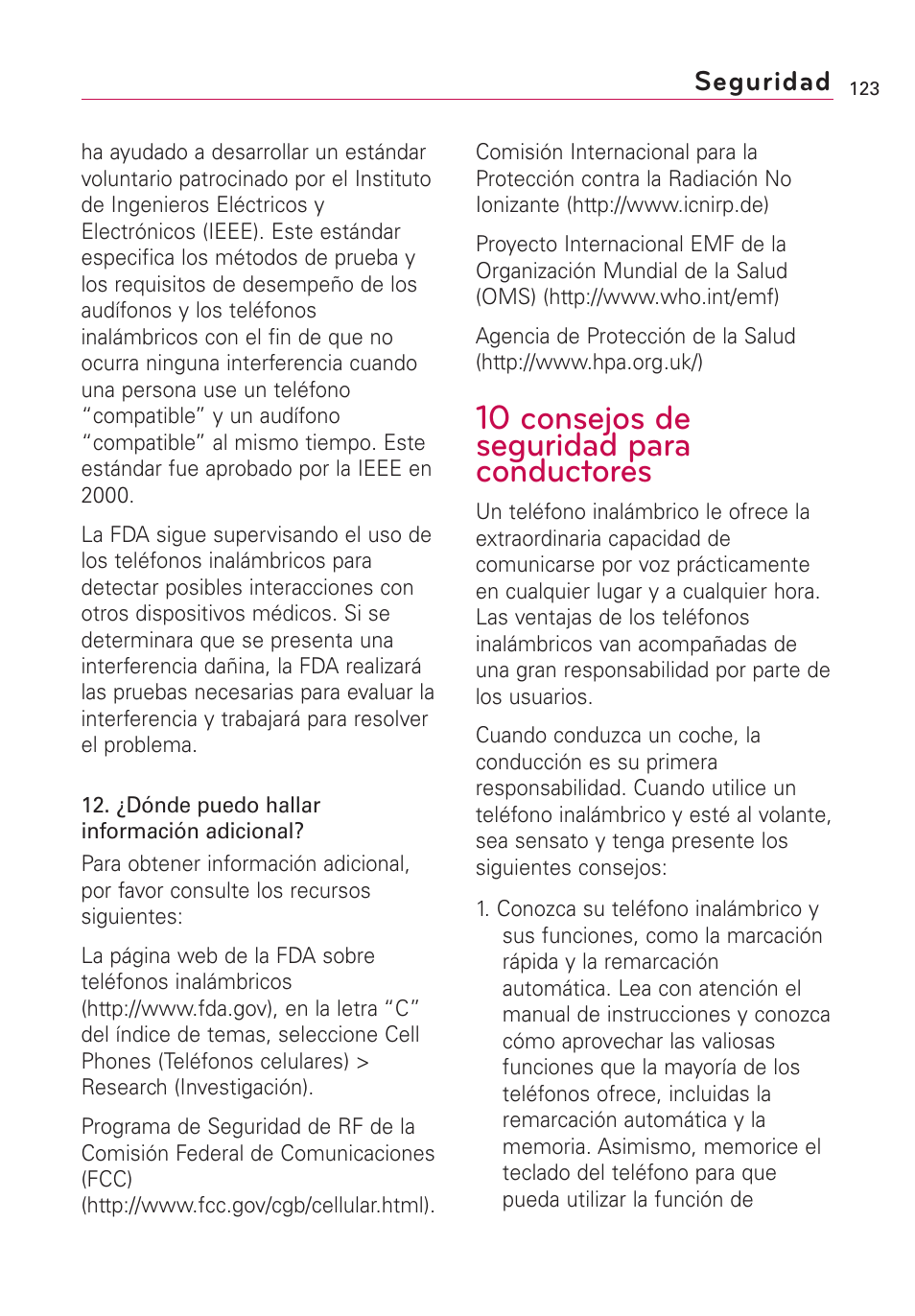 10 consejos de seguridad para conductores, Seguridad | LG AS855 User Manual | Page 273 / 307