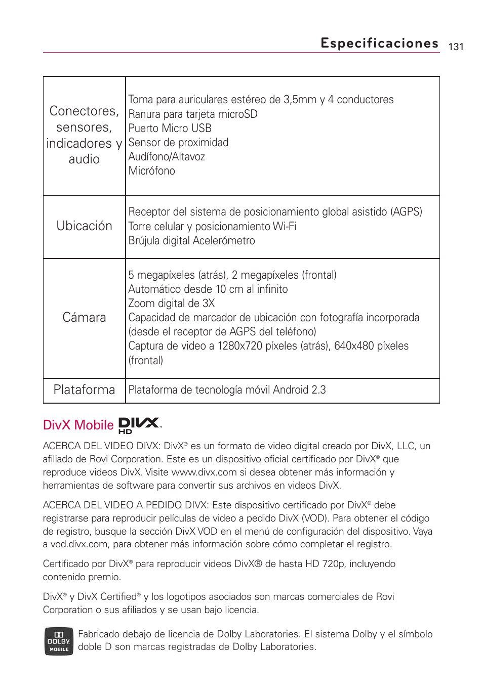 Especificaciones, Conectores, sensores, indicadores y audio, Ubicación | Cámara, Plataforma, Divx mobile | LG AS855 User Manual | Page 281 / 307