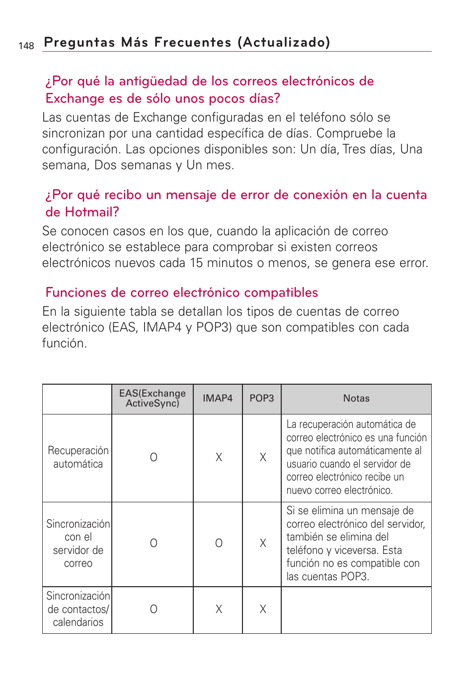 Funciones de correo electrónico compatibles, Preguntas más frecuentes (actualizado) | LG AS855 User Manual | Page 298 / 307