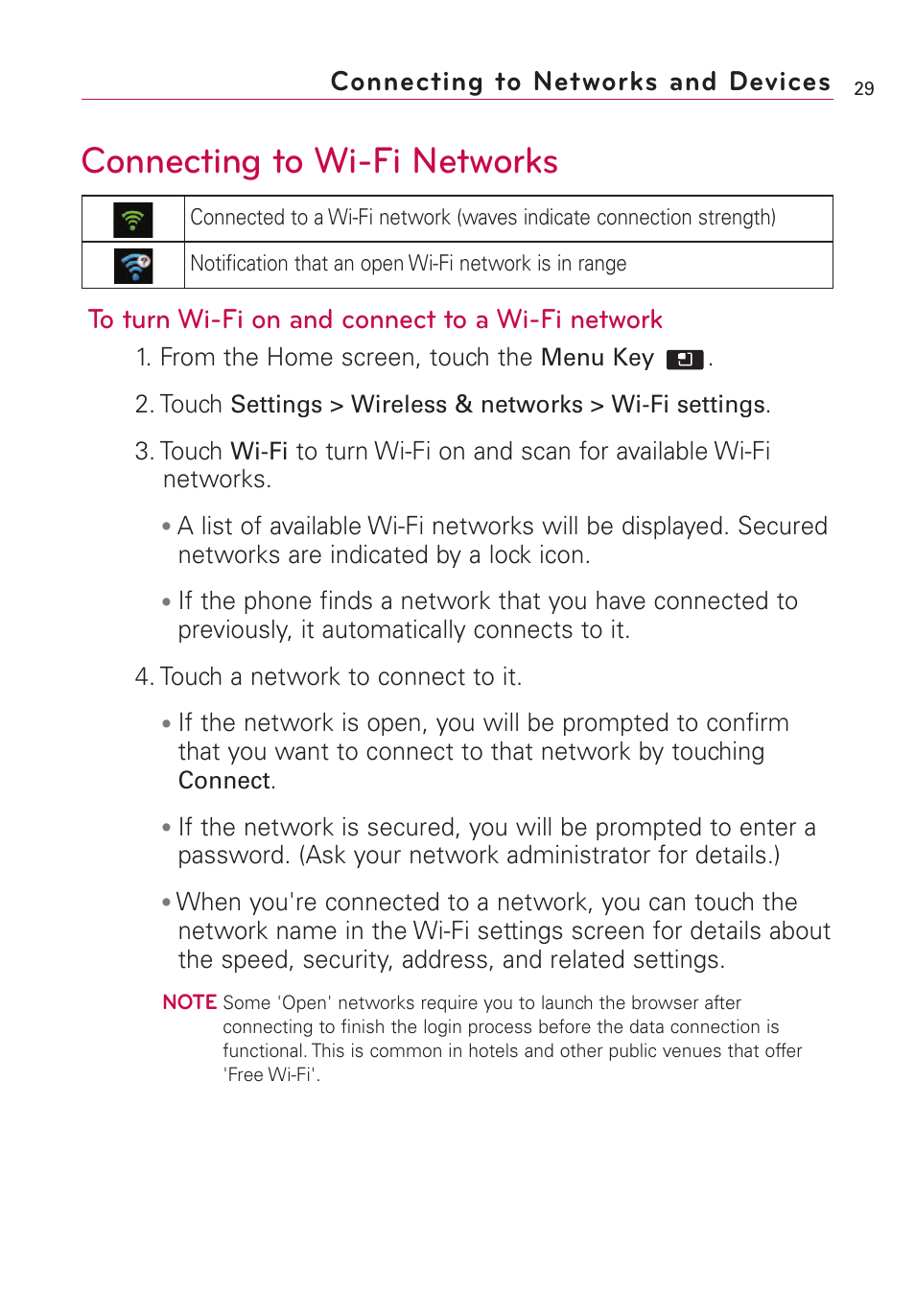 Connecting to wi-fi networks, Connecting to networks and devices | LG AS855 User Manual | Page 31 / 307