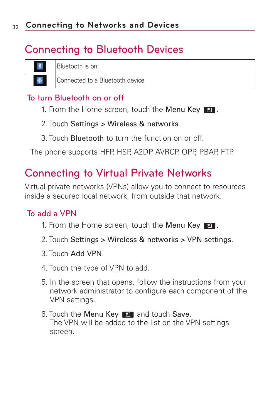 Connecting to bluetooth devices, Connecting to virtual private networks | LG AS855 User Manual | Page 34 / 307