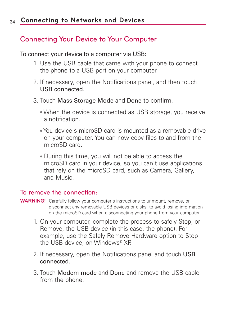 Connecting your device to your computer, Connecting to networks and devices | LG AS855 User Manual | Page 36 / 307