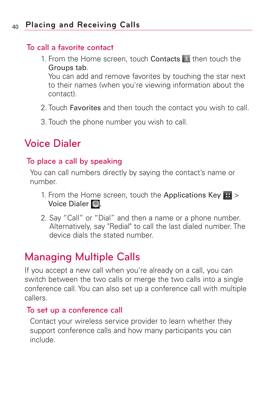 Voice dialer, Managing multiple calls | LG AS855 User Manual | Page 42 / 307