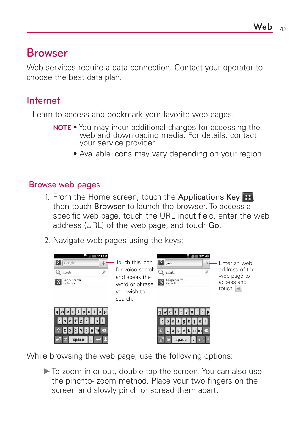 Browser, Internet, Browse web pages | LG AS855 User Manual | Page 45 / 307