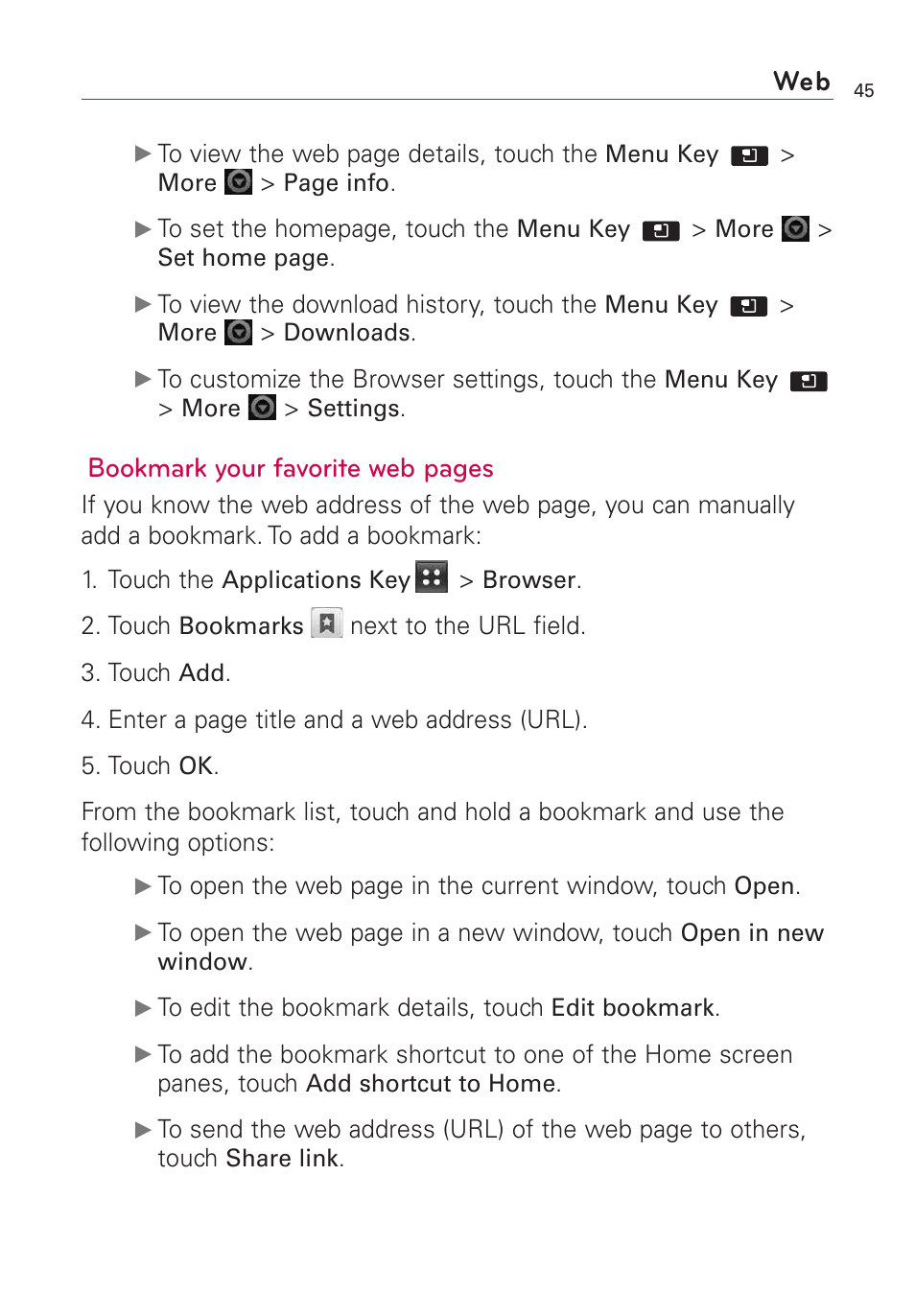 Bookmark your favorite web pages | LG AS855 User Manual | Page 47 / 307