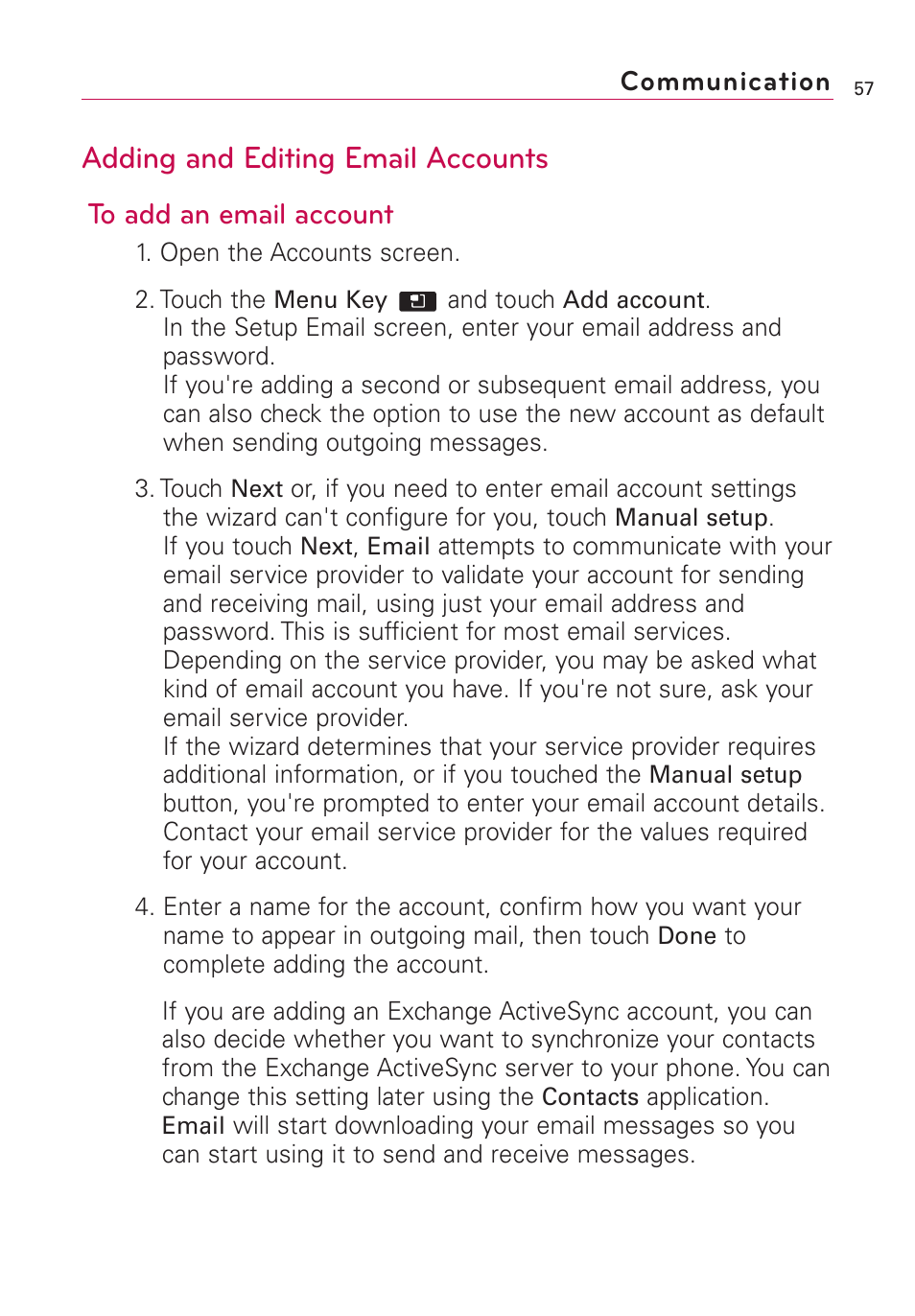 Adding and editing email accounts | LG AS855 User Manual | Page 59 / 307