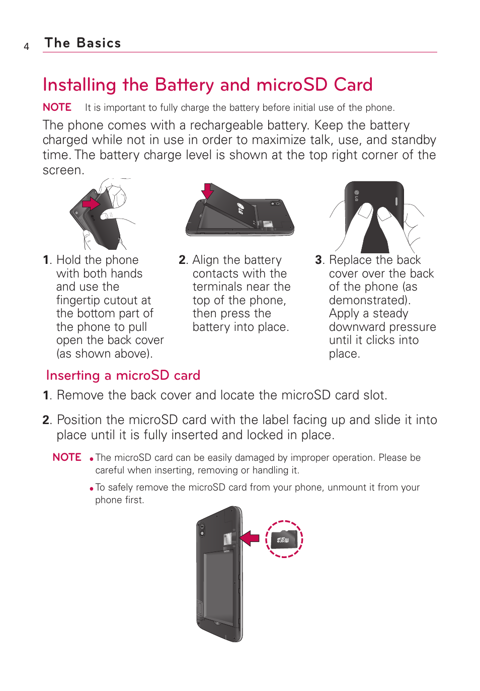 Installing the battery and microsd card, Inserting a microsd card, The basics | LG AS855 User Manual | Page 6 / 307