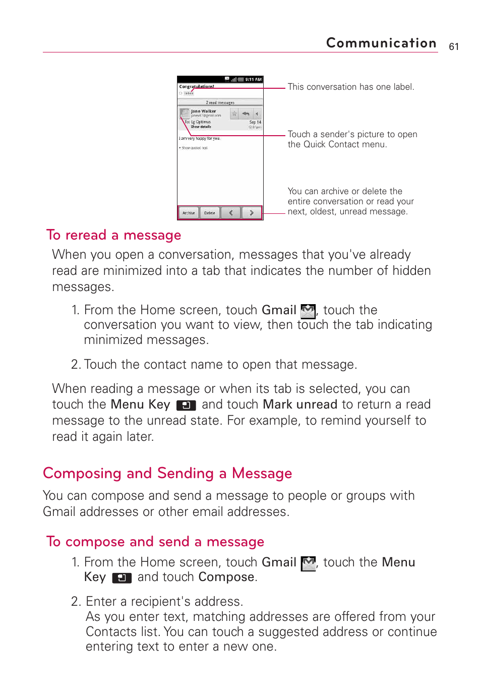 Composing and sending a message, Communication | LG AS855 User Manual | Page 63 / 307
