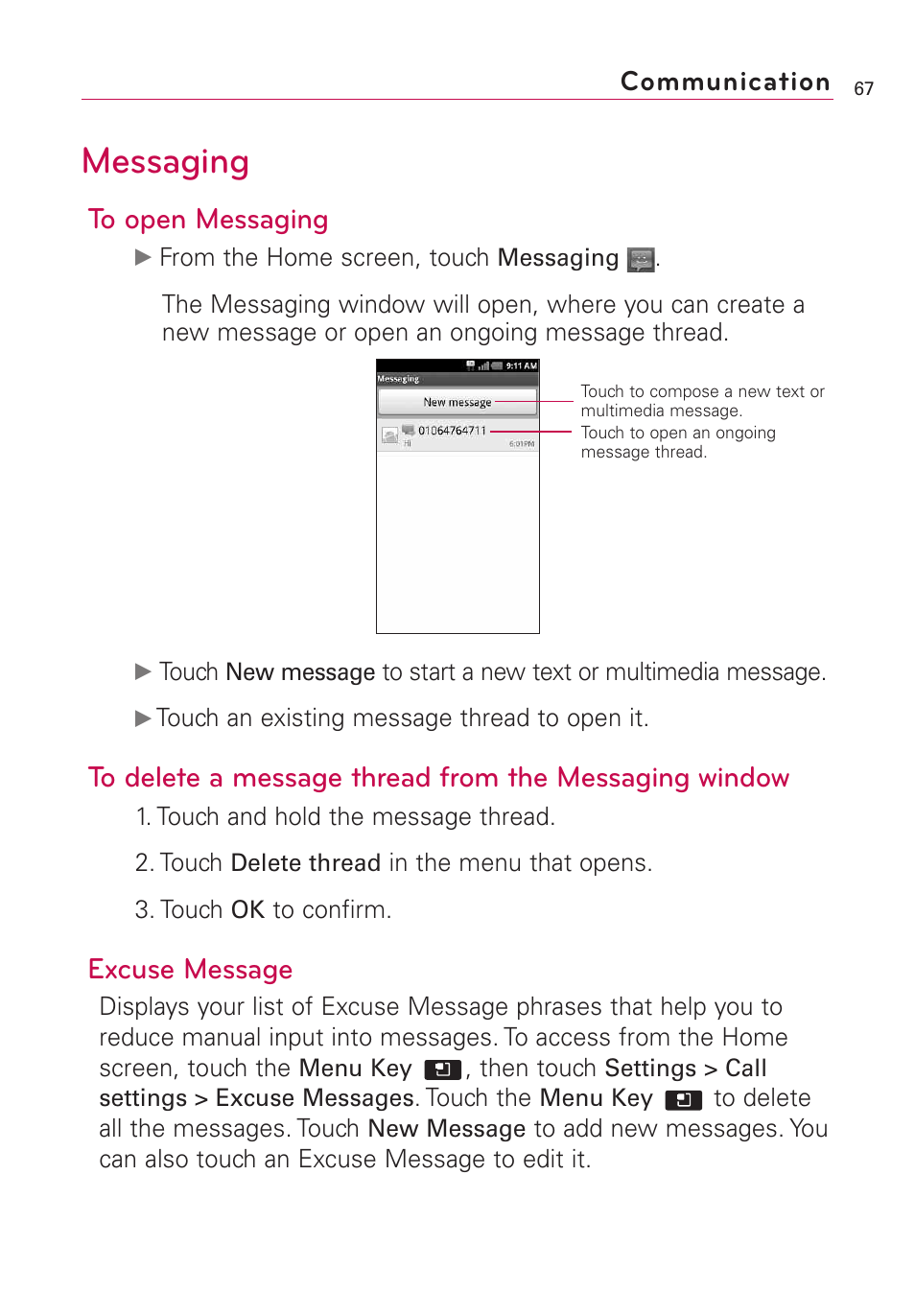 Messaging, Excuse message, Communication | LG AS855 User Manual | Page 69 / 307