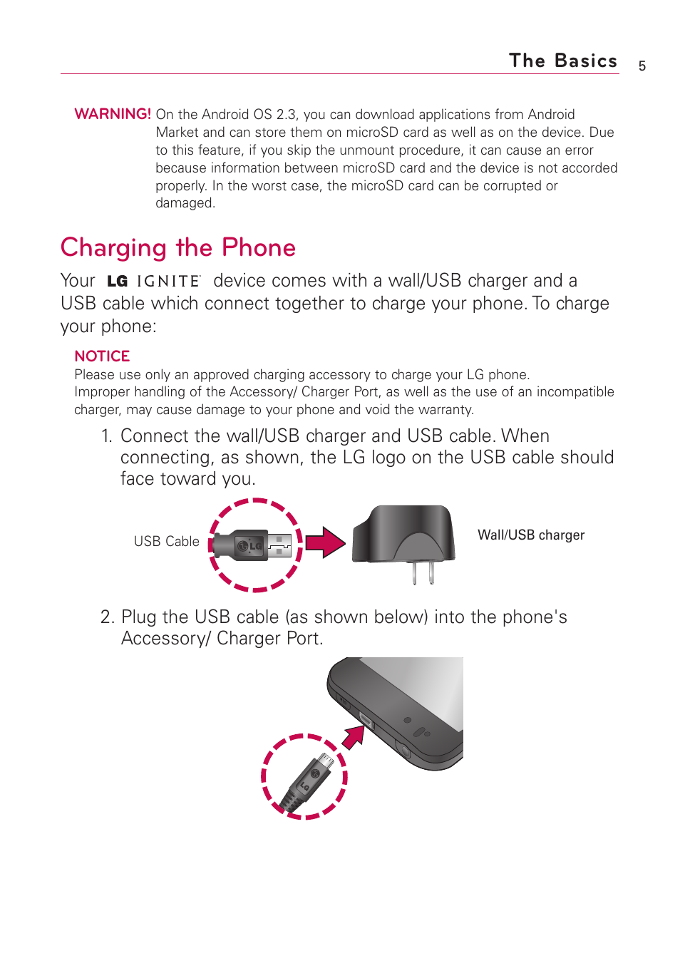 Charging the phone, The basics | LG AS855 User Manual | Page 7 / 307