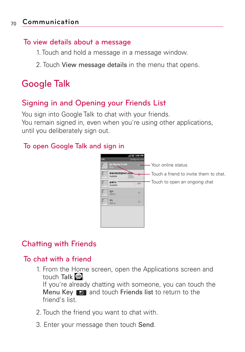 Google talk, Signing in and opening your friends list, Chatting with friends | LG AS855 User Manual | Page 72 / 307