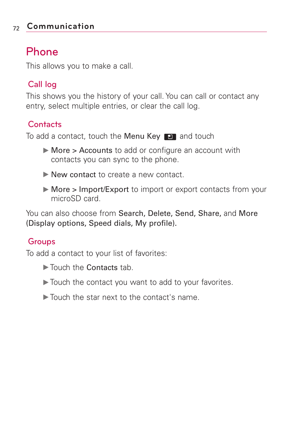 Phone, Communication, Call log | Contacts, Groups | LG AS855 User Manual | Page 74 / 307