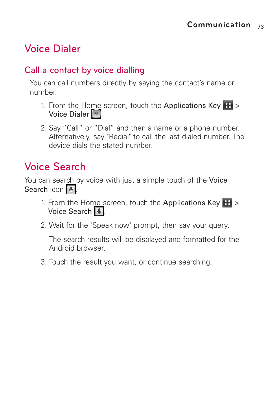 Voice dialer, Voice search, Call a contact by voice dialling | LG AS855 User Manual | Page 75 / 307