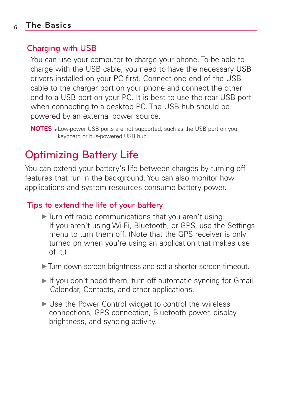 Optimizing battery life, Charging with usb, Tips to extend the life of your battery | The basics | LG AS855 User Manual | Page 8 / 307