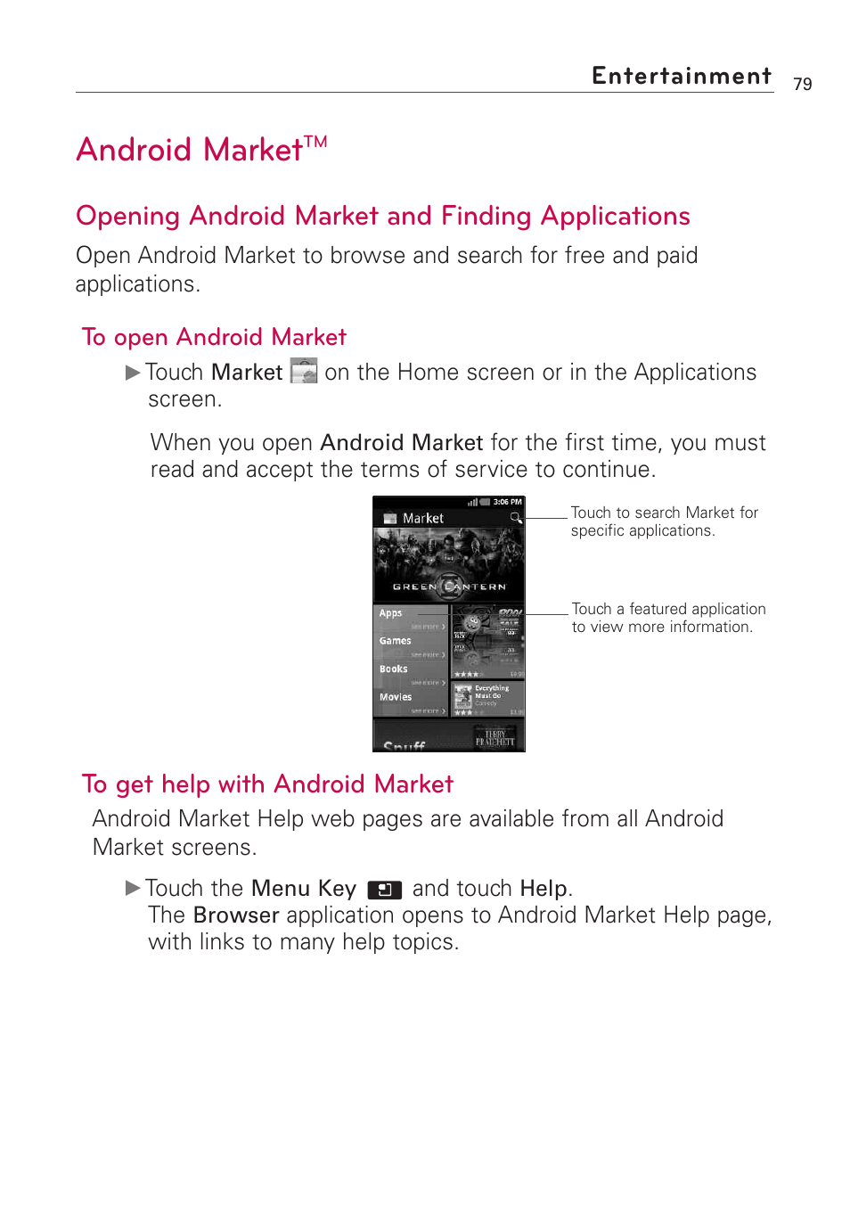 Android market, Opening android market and finding applications, Entertainment | LG AS855 User Manual | Page 81 / 307