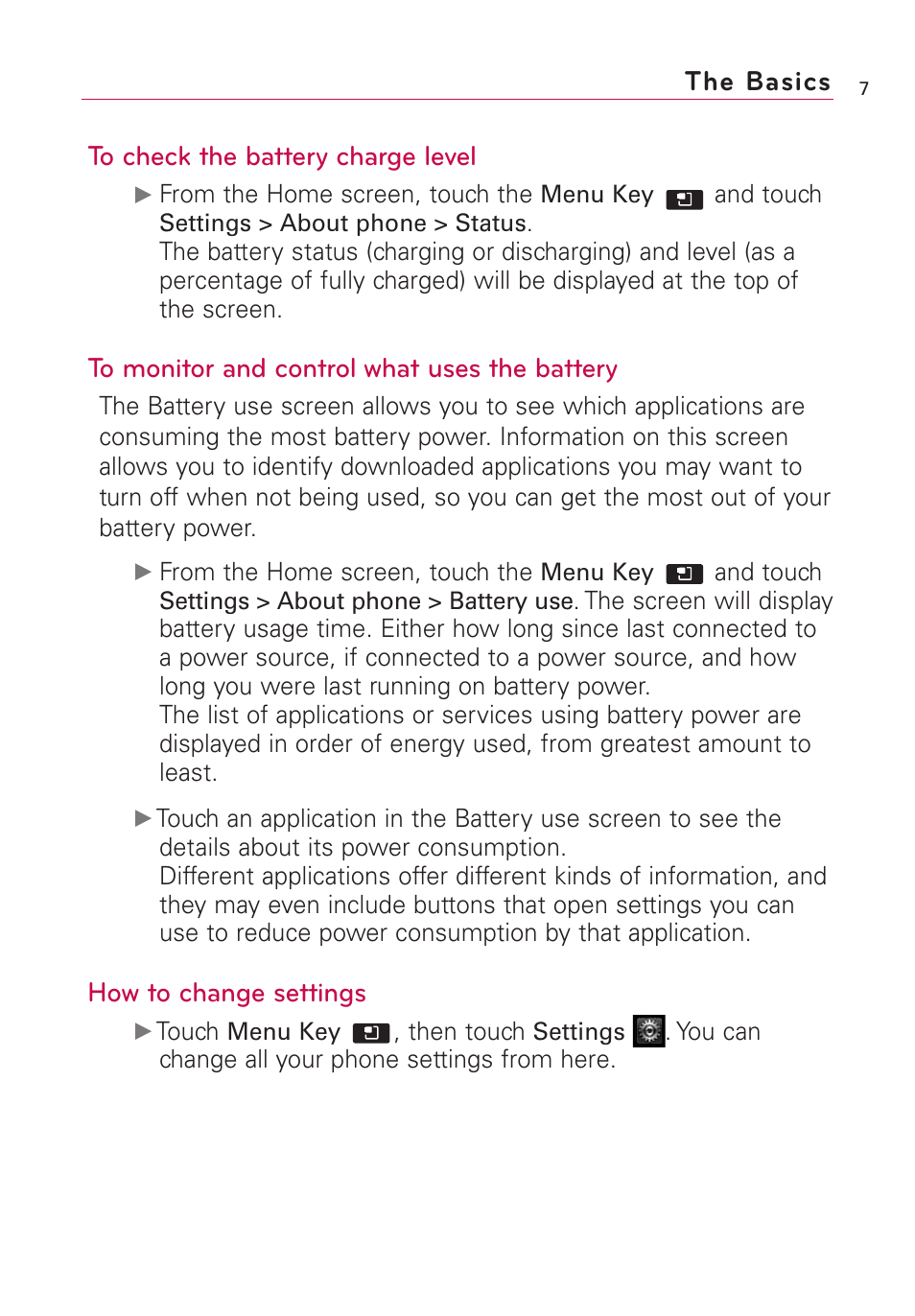 The basics to check the battery charge level, How to change settings | LG AS855 User Manual | Page 9 / 307