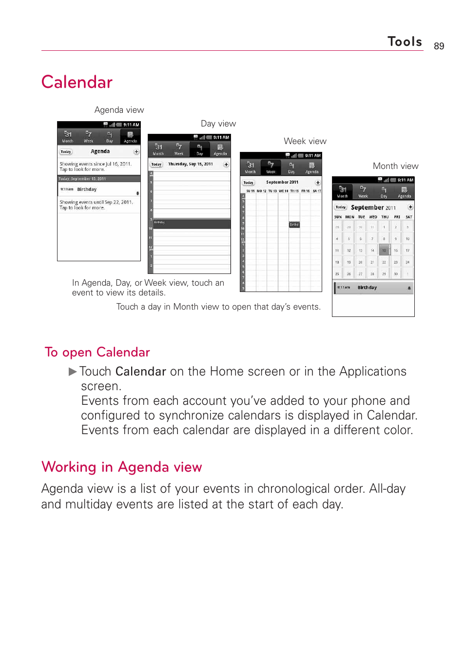 Tools, Calendar, Working in agenda view | LG AS855 User Manual | Page 91 / 307