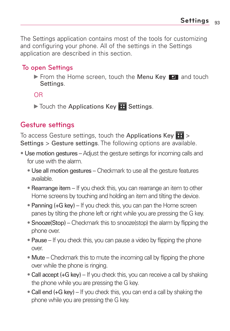 Settings, Gesture settings | LG AS855 User Manual | Page 95 / 307