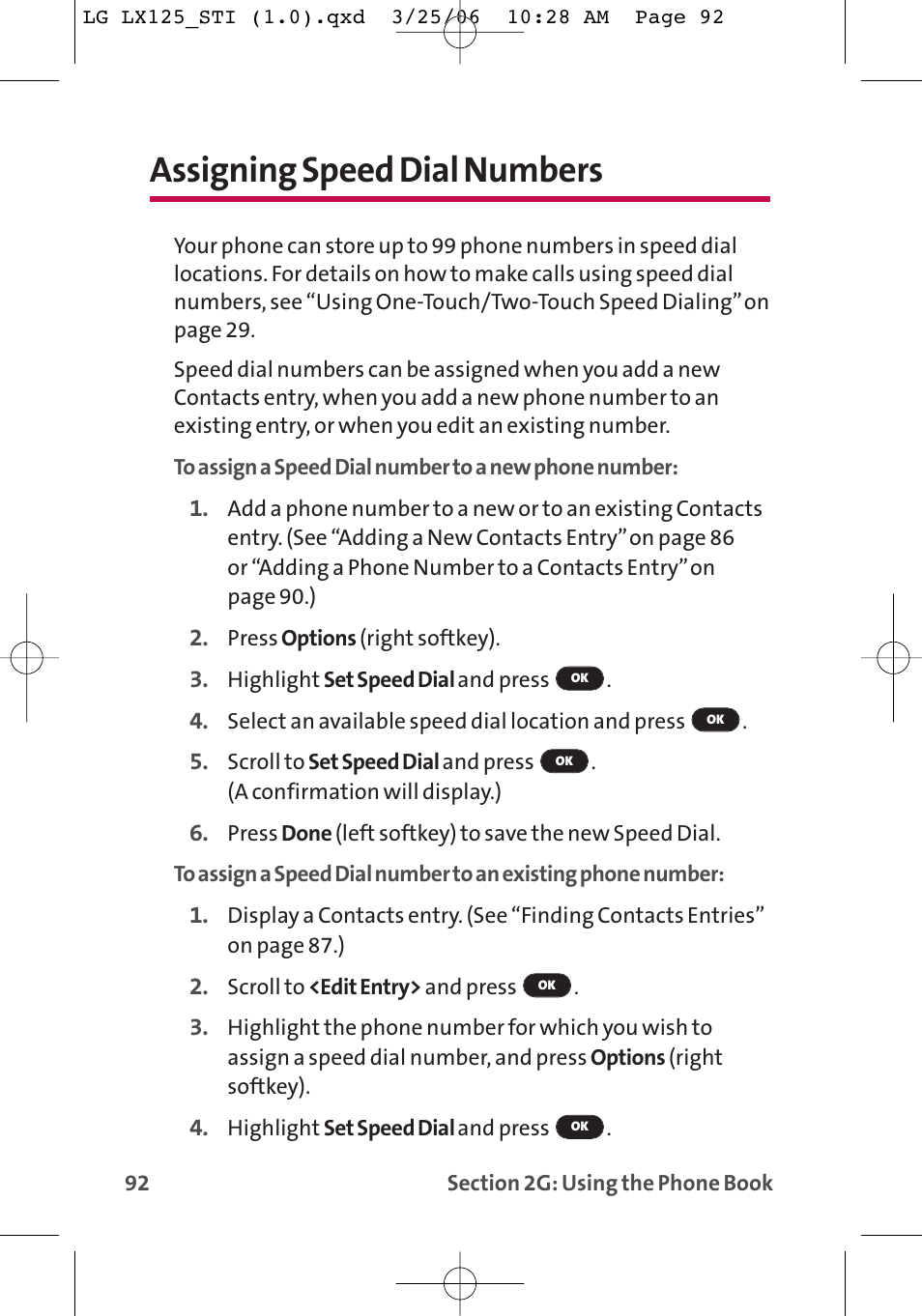 Assigning speed dial numbers | LG LX125 User Manual | Page 100 / 185