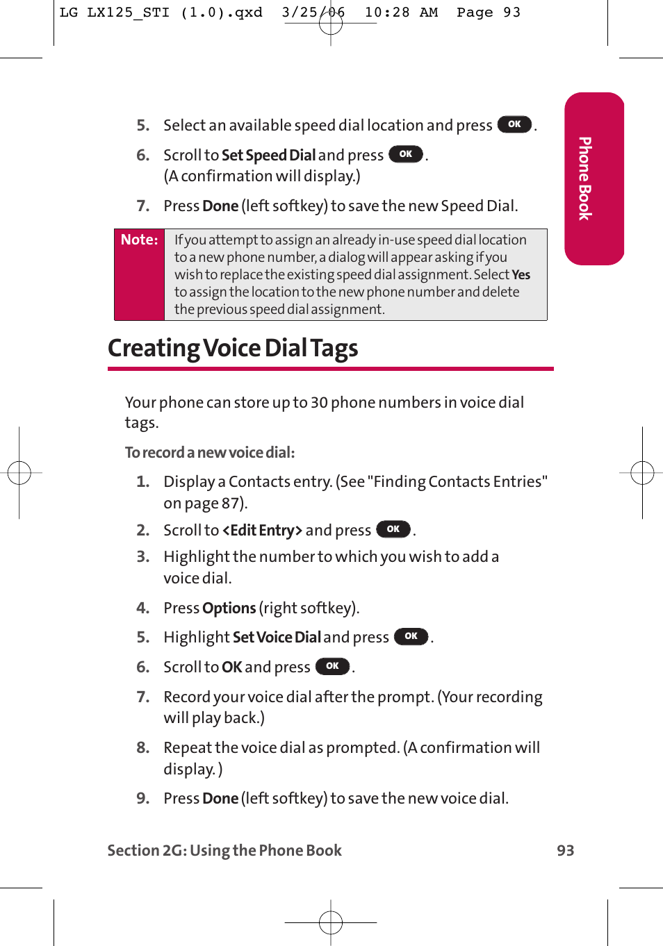 Creating voice dial tags | LG LX125 User Manual | Page 101 / 185
